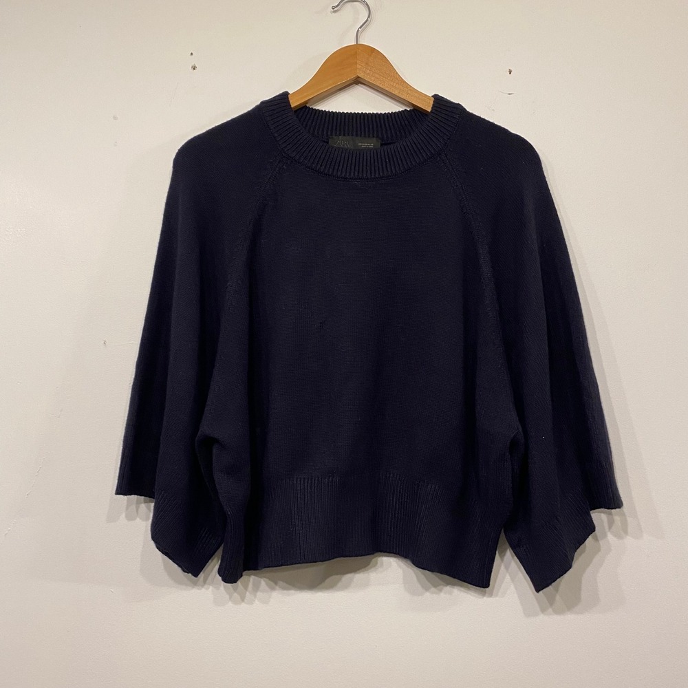 Zara Navy Blue Cropped Knit Sweater Dolman Sleeve Crew Neck Old Money Medium